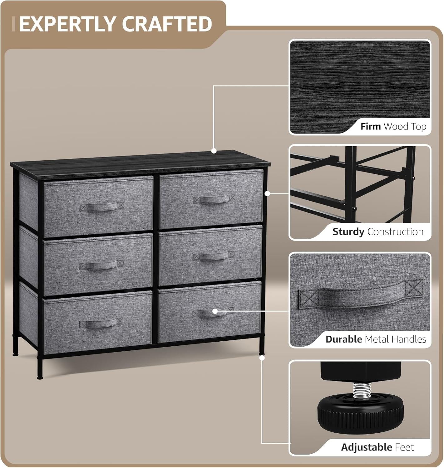 Dresser with 6 Drawers - Chest Organizer Unit with Steel Frame Wood Top & Handle Easy Pull Fabric Bins for Clothes - Storage Furniture for Bedroom, Hallway, Living Room, Nursery & Closet