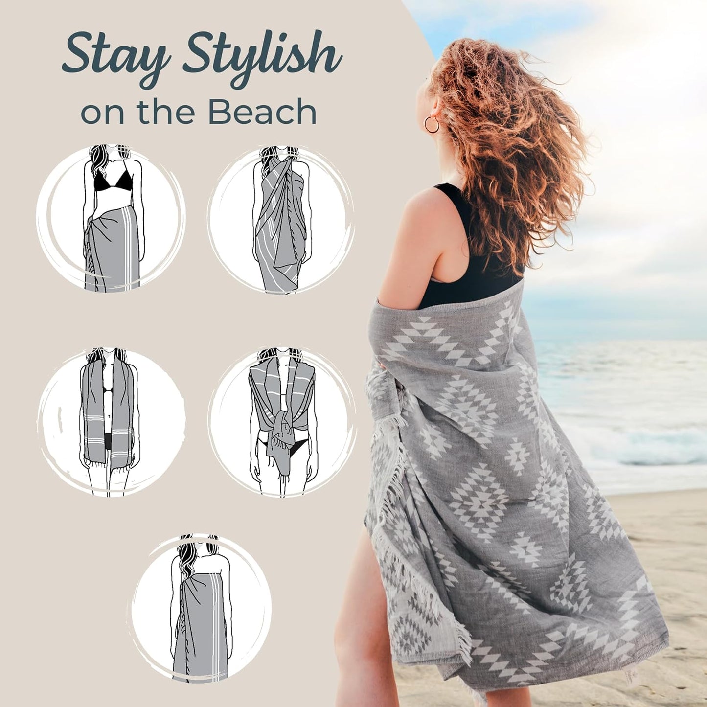Premium Turkish Beach Towel (35”X67”) Suitable for Adults and Kids 100% Natural Cotton Quick Dry and Sand Free Turkish Towel Beach Blanket– Dark Grey Color