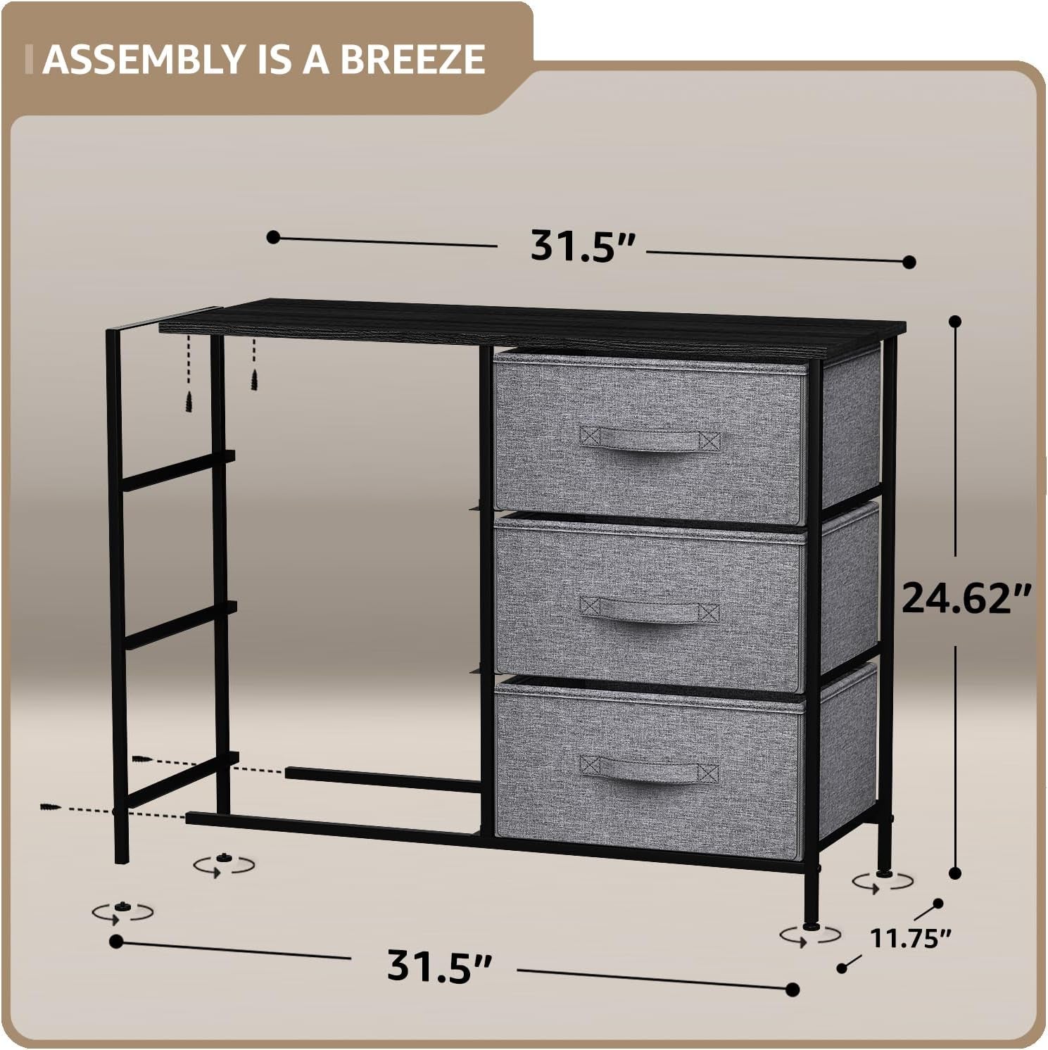 Dresser with 6 Drawers - Chest Organizer Unit with Steel Frame Wood Top & Handle Easy Pull Fabric Bins for Clothes - Storage Furniture for Bedroom, Hallway, Living Room, Nursery & Closet
